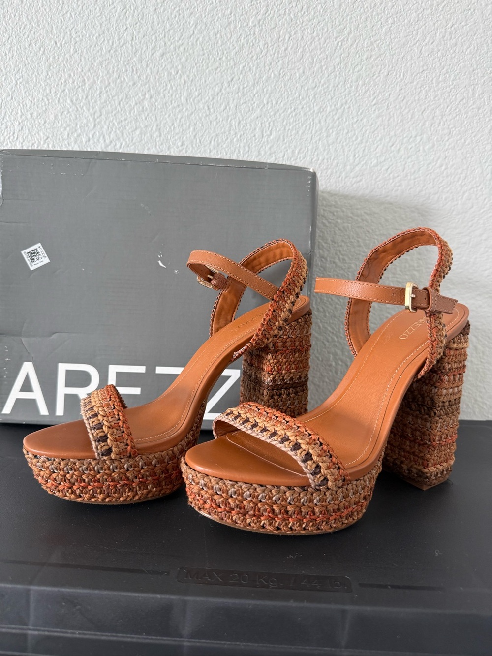 Woven Platform Block Heel Sandals in Tan